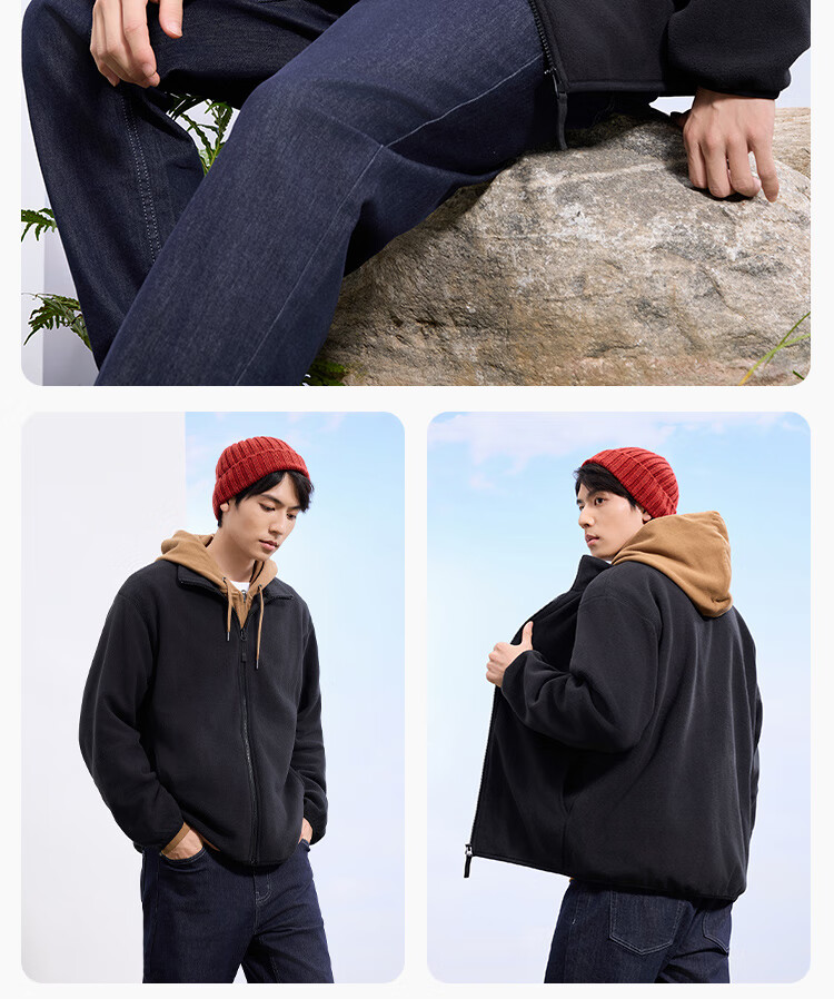 JD Jingzao Men's Jacket Fleece Lined Winter Thickened Black M 9