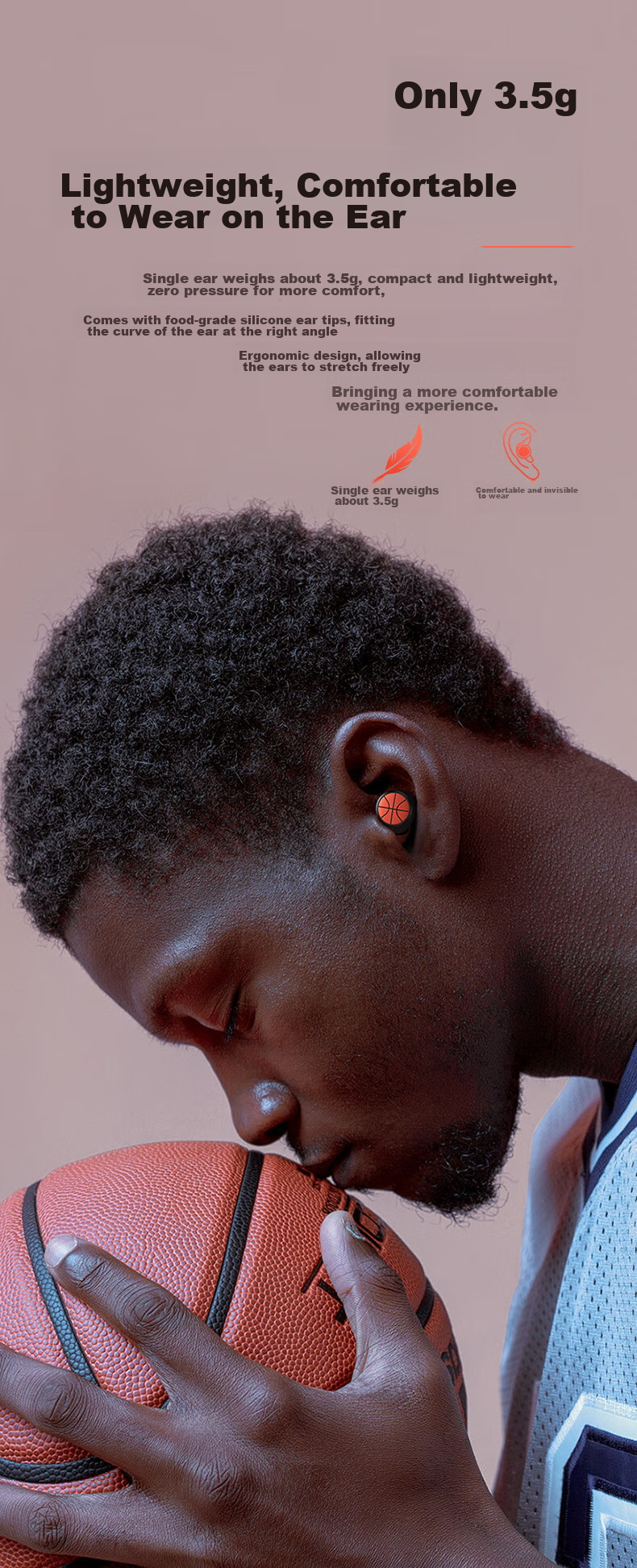 EMEY Bluetooth Headphones, Wireless Bluetooth, Sports Music Gaming Earphones, In-Ear Noise-Cancelling Headphones with Long Battery Life, Compatible with Apple Xiaomi Huawei Phones, T5 Basketball Model 3