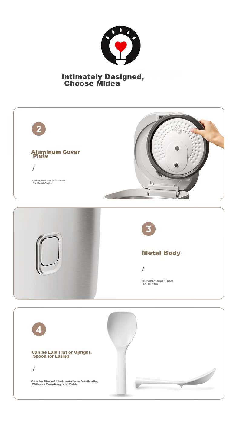 Midea Rice Cooker, Non-Coated Electric Rice Pot, 4 Liters, 316L Stainless Steel Inner Pot, for 3-4 People, Home Use, Multifunctional, No Coating, Micro-Pressure, Smart Reservation, MB-RE476S 14