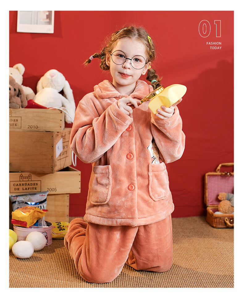 Fenteng Children's Pajamas, Girls' Sleepwear, Fawn Velvet Lapel, Comfortable Embroidered Girls' Pajamas, Loungewear, Q9984741074 11