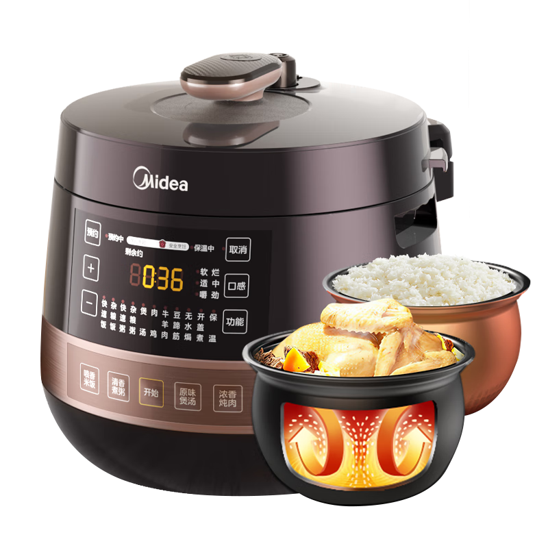 Midea Multifunctional Electric Pressure Cooker 4-6 People Dual Inner Pots Rice Cooker High Pressure 70kPa Soup Stew Smart Reservation YL50Easy203