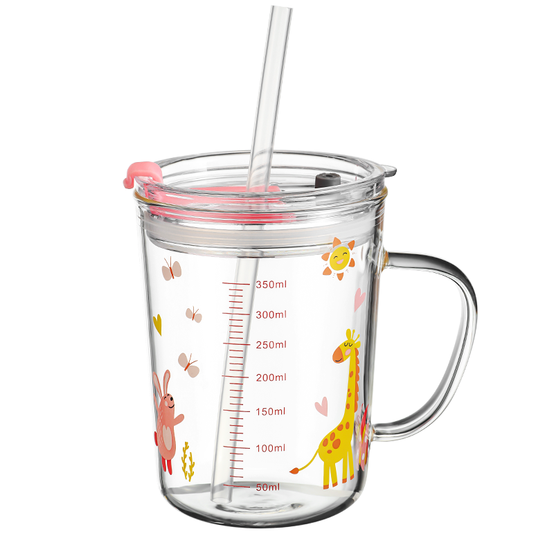 Fuguang Glass Cup for Home Use, Children's Milk Cup with Scale And Straw, Baby Formula Mixing Cup with Handle