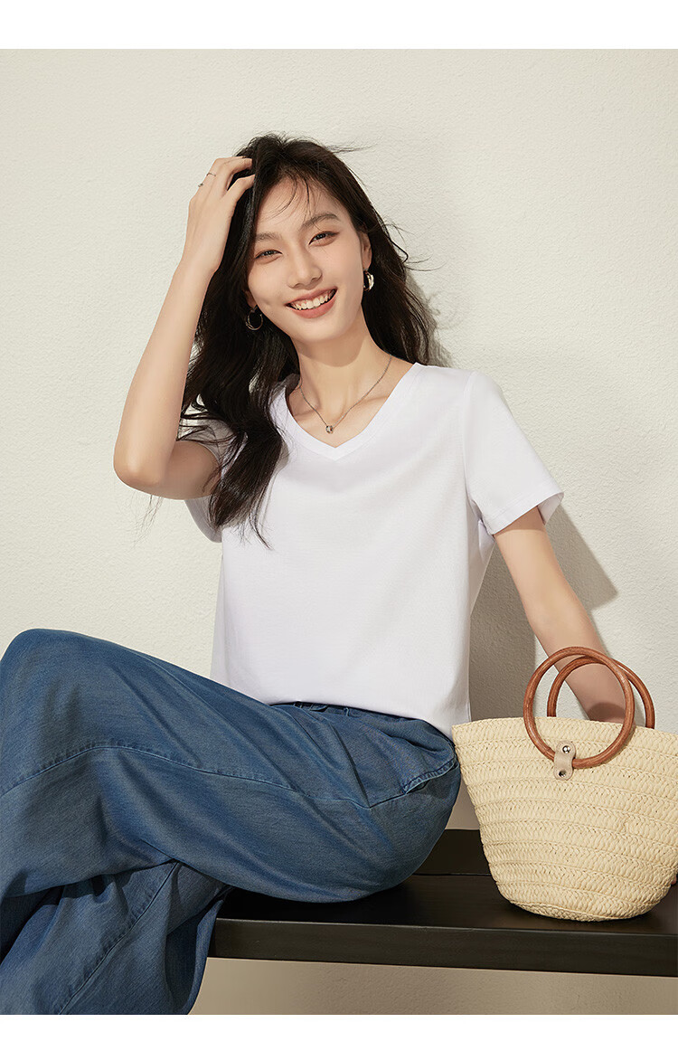 Woodpecker Women's Pure Cotton Short Sleeve T-Shirt Summer V-Neck Loose Fit Slim Solid Color Basic Top Black 4XL 10