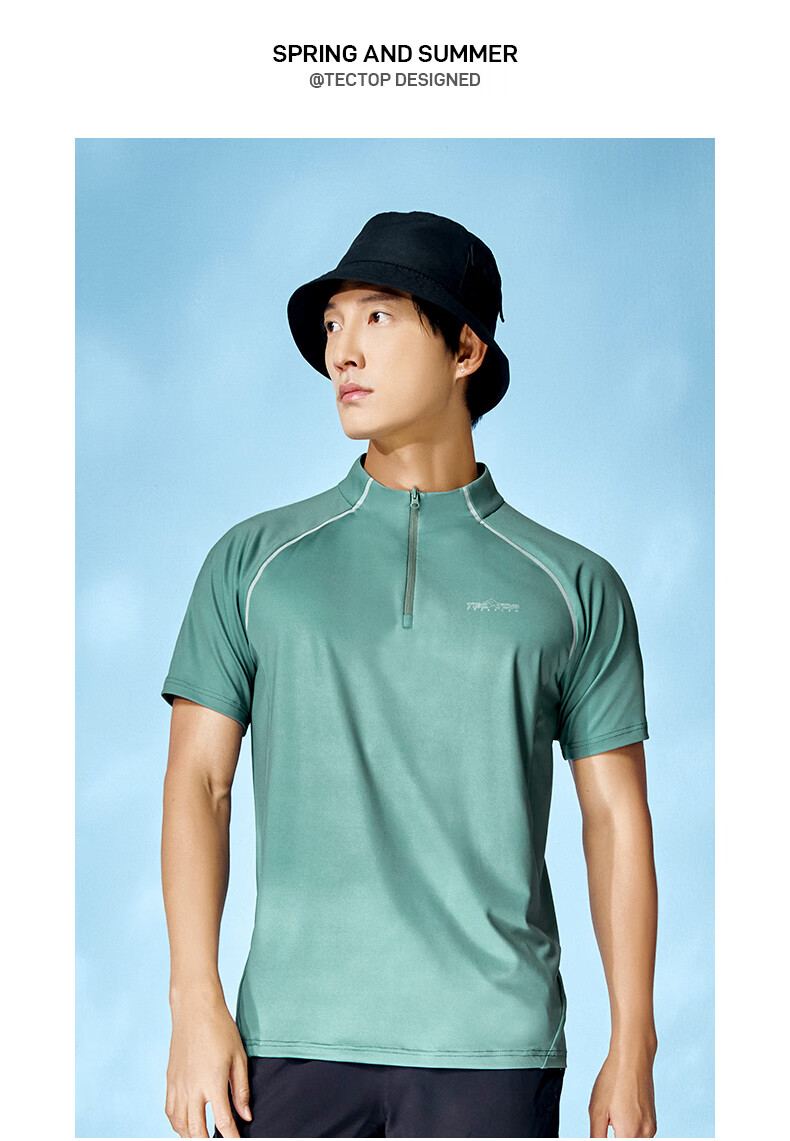 TECTOP Quick-Dry Shirt, Men's Outdoor Half-Zip Collar Reflective Ice-Cool Running Cycling Short-Sleeve T-Shirt 019, Men's Rock Green M 22