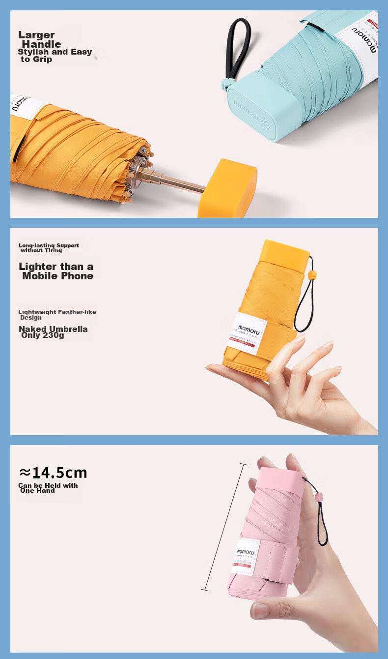 MAMORU UV Protection Sun And Rain Umbrella, Six-Fold Colored EVA Sunscreen Umbrella, Portable Handbag Version, Orange, 14.5cm 6