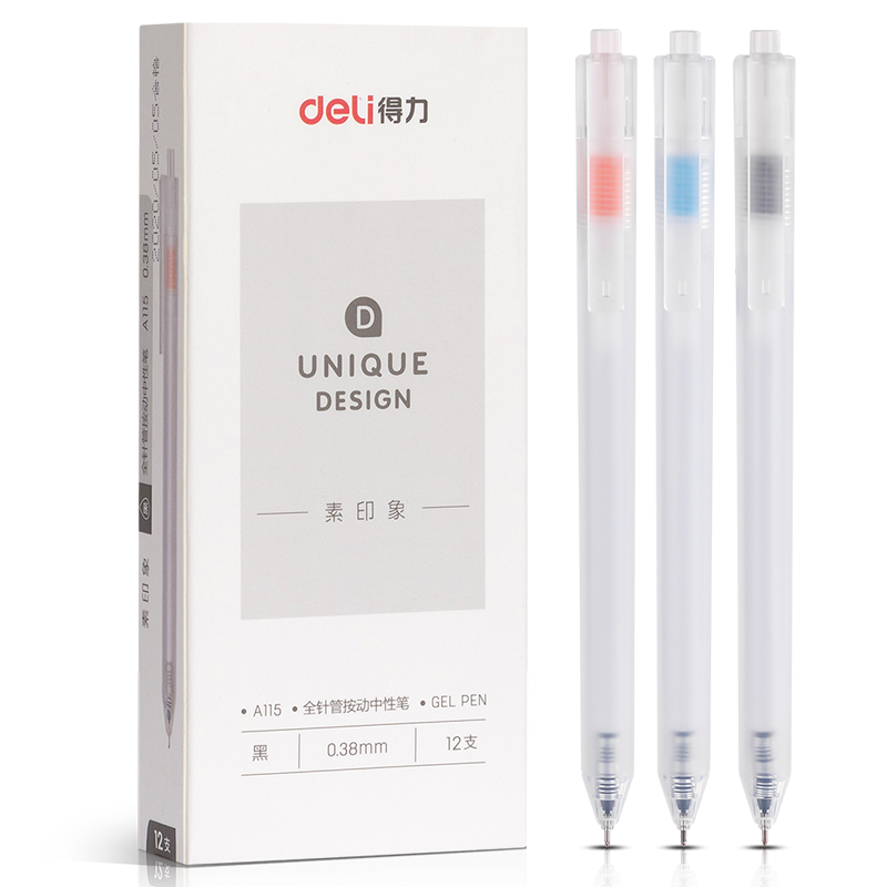 Deli Misty Transparent Retractable Gel Pen, 0.38mm Full Needle Tube Simple Minimalist Style Retractable Pen, Black, 12 Pens/box DL-A115