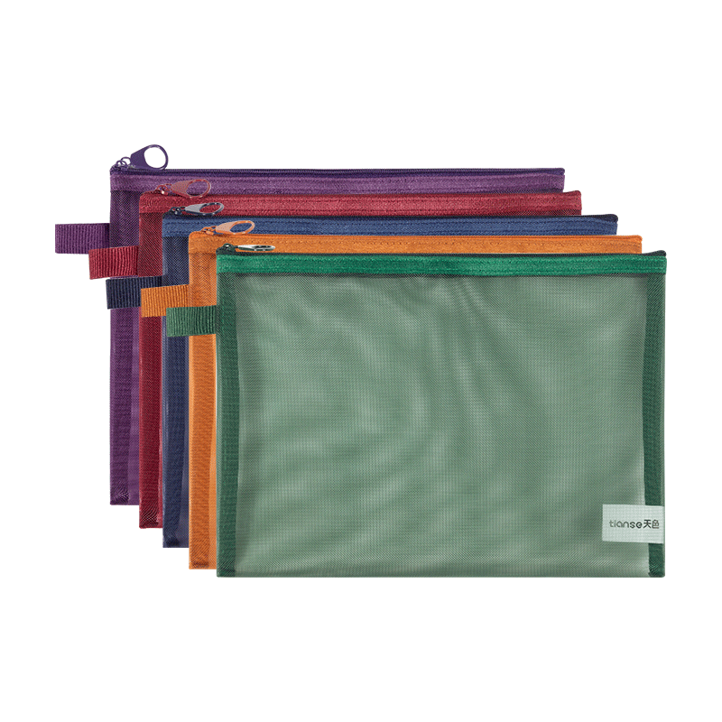 TIANSE Vintage Mesh Document Bag, Student A5 Transparent Stationery File Folder with Zipper for Exam Papers And Receipts Organization, A5 Set - 5 Colors, TS-254