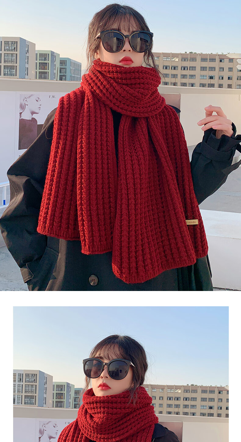 XUEXIMAN Women's Knitted Wool Scarf Versatile Korean Style Winter Red Cute INS Trendy New Year Neck Warmer for Students and Couples 2