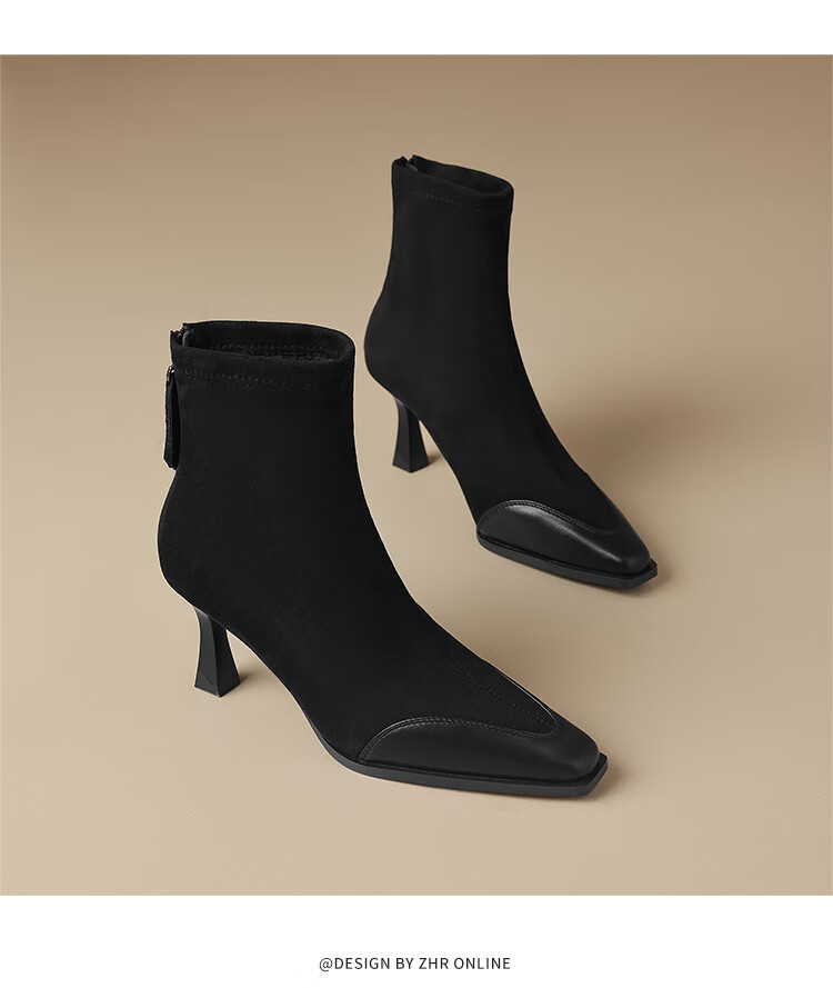 ZHR High Heel Ankle Boots for Women, Elegant Thin Heel Fleece-Lined Boots, Versatile Square-Toe Commuter Boots Y1007A Black Size 38 8