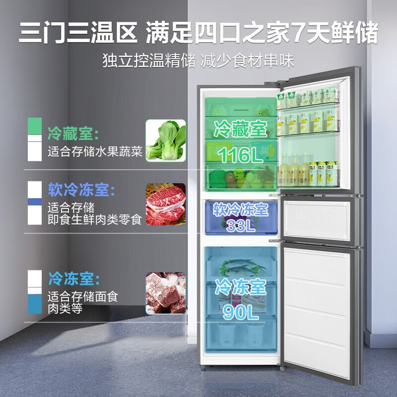 美的（Midea）（Midea）239升三门三温风冷无霜节能低音小户型租房家用保鲜省电软冷冻三门小冰箱BCD-239WTM 钛钢灰
