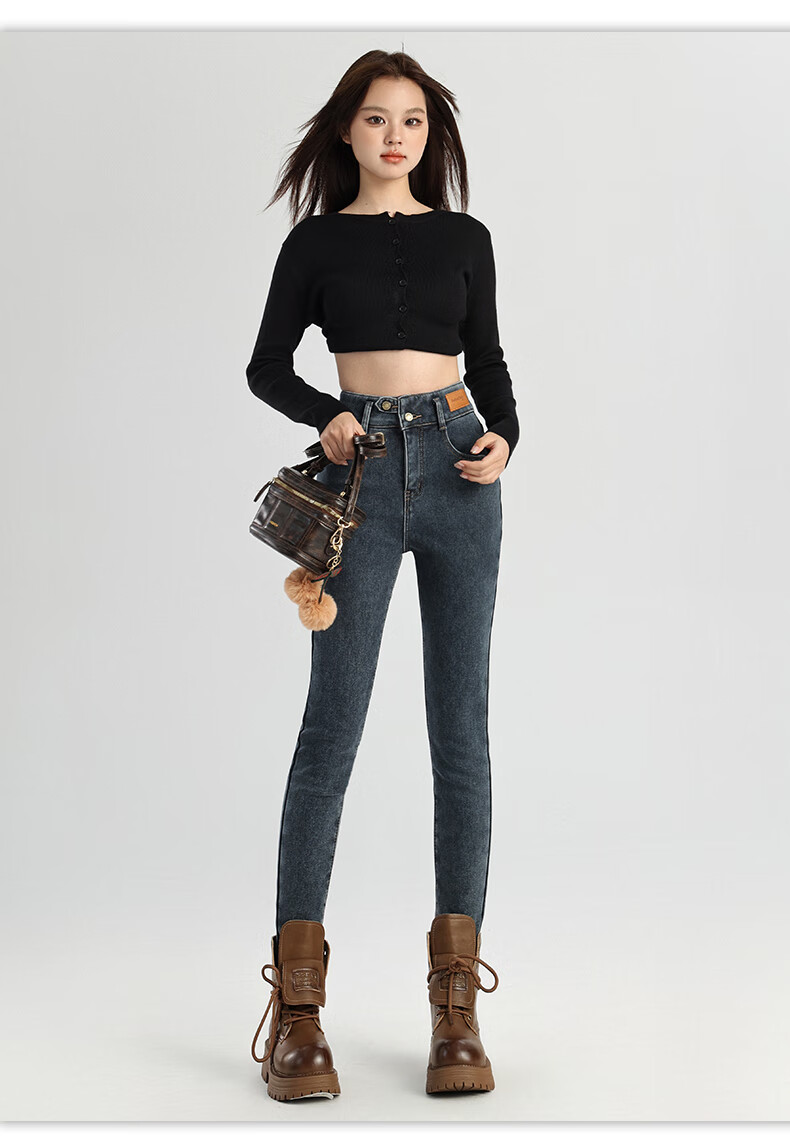 Pierre Cardin Jeans for Women, Autumn Elastic Comfortable High-Waist Fleece-Lined Warm Skinny Pants, Blue-Gray, Size 29 26