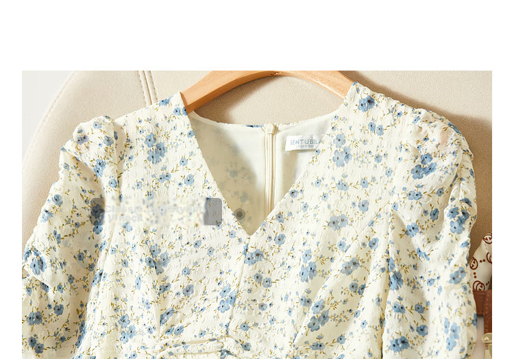 Sentubila Summer French Floral Print Dress, Puff Sleeve Tea Break Dress, Elegant Goddess Style Skirt, Apricot Base with Blue Flowers, M Size 20