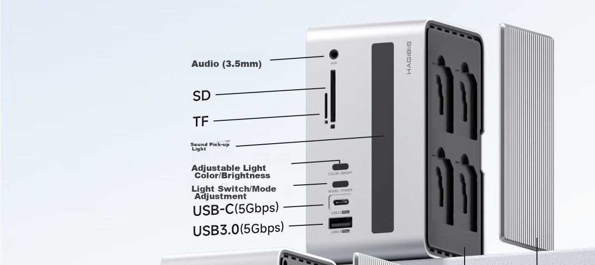 Hagibis Desktop Expansion Dock, Type-C Hub, USB Multi-Port Adapter, Hard Drive Enclosure, M.2 Thunderbolt 5/4 Compatible, Suitable for Apple Mac Laptops, HUB Splitter 6