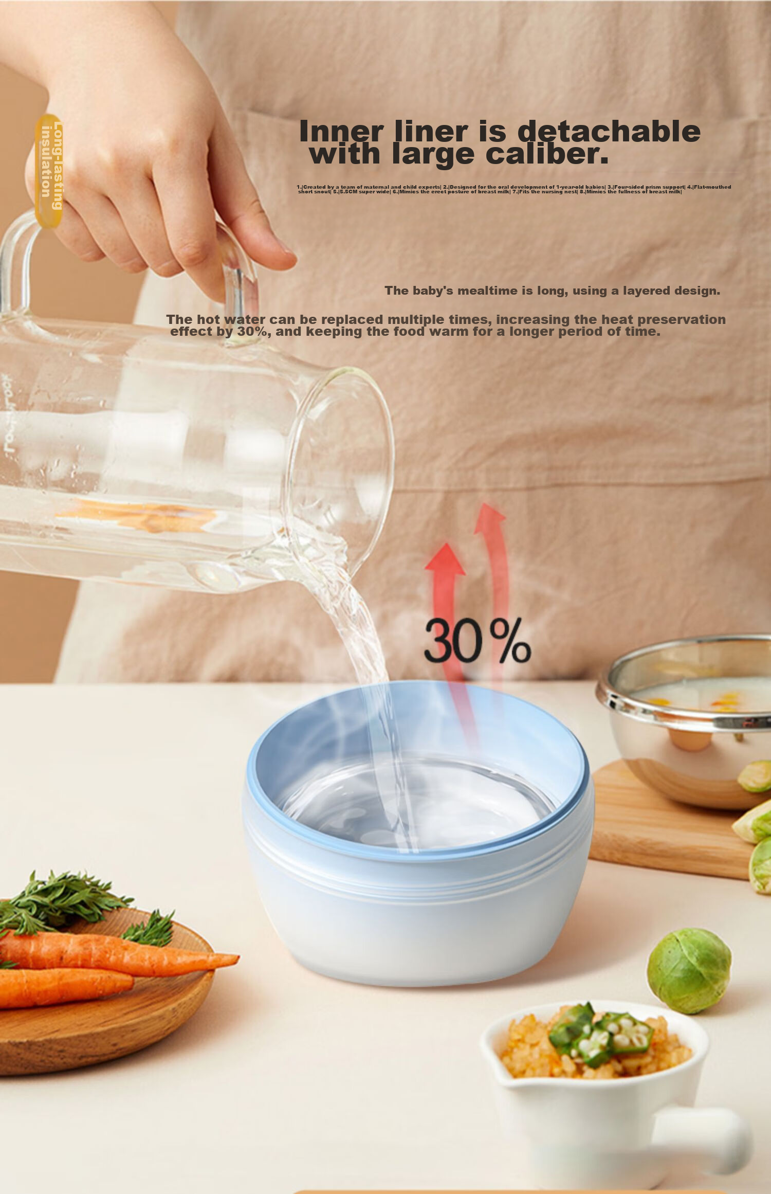 COOKSS Baby Food Bowl, Constant Temperature Water Injection Insulated Bowl, 316 Stainless Steel, Children's Tableware for Feeding, Light Blue 18
