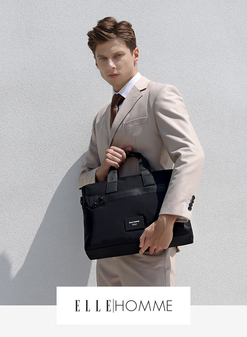 ELLE HOMME Business Men's Briefcase, Nylon Canvas Shoulder Crossbody Bag, Handheld Laptop Bag for Men, 06810 Black 1
