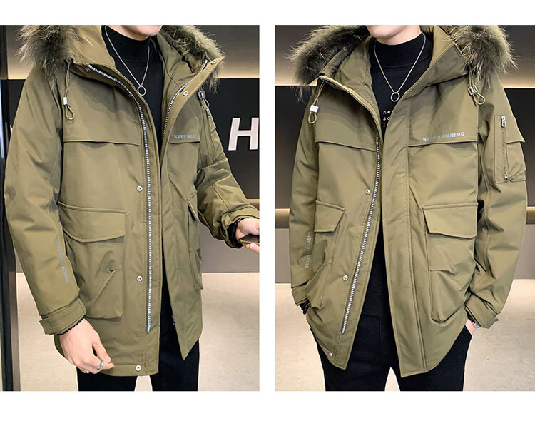 JEEP SPIRIT Men's down Jacket, Autumn And Winter Workwear Fur Collar Coat, Mid-Length Parka for Men, Army Green, Size L 9