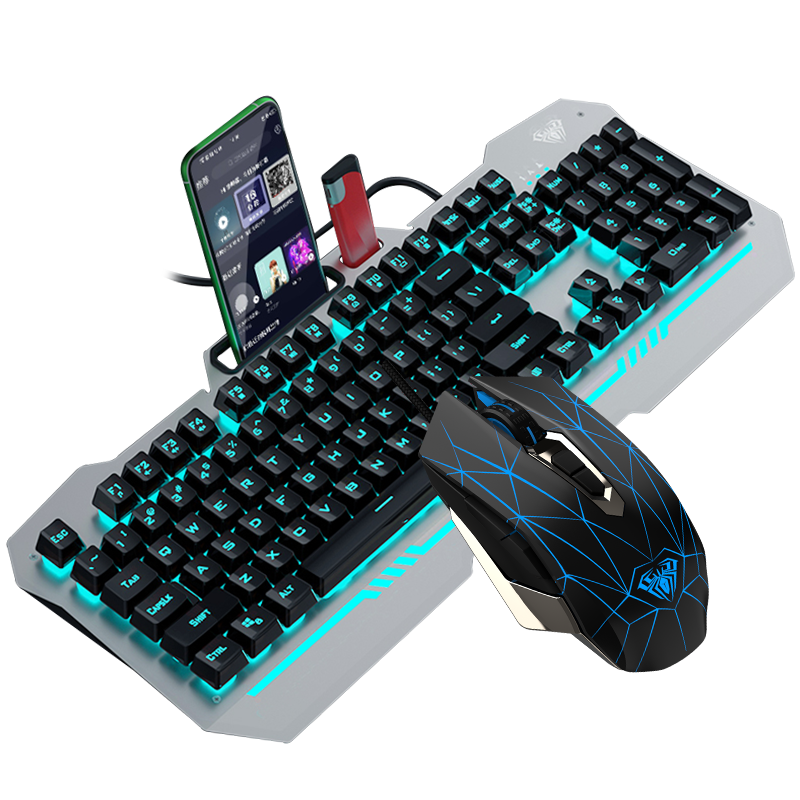 AULA T101 Mechanical Feel Keyboard And Mouse Set Wired 104-Key Keyboard And Mouse Combo for Gaming, Office, And General Computer Use Ice Blue Light Metal Panel Black