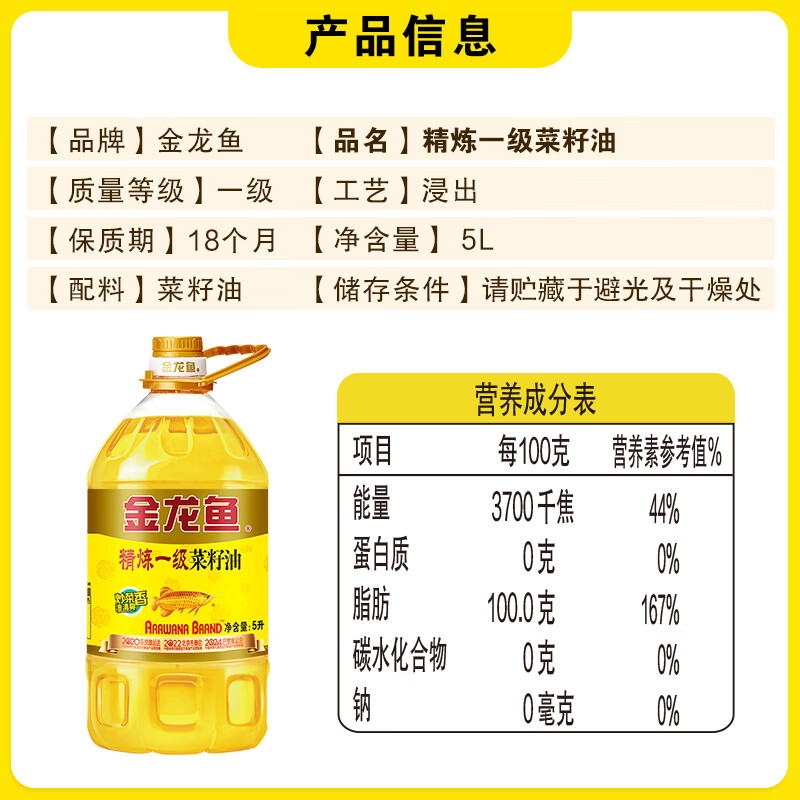 金龙鱼 食用油【保真菜籽油】精炼一级 菜籽油5L（新老包装随机发货）