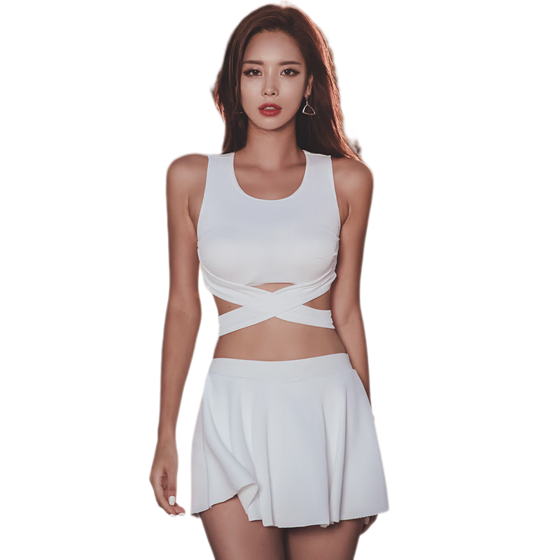 DK Women's Two-Piece Swimsuit with Skirt, Sexy Push-Up Conservative Tummy Control Slimming Korean Hot Spring Swimwear, White, M