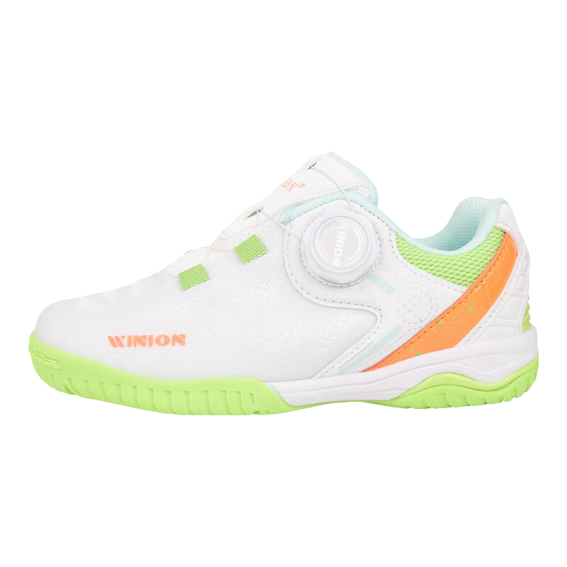 WINION Selected Table Tennis Shoes for Children, Boys And Girls, Zhengtu Rotary Buckle Style, Breathable Non-Slip Sports Shoes, White Green Orange, Size 30