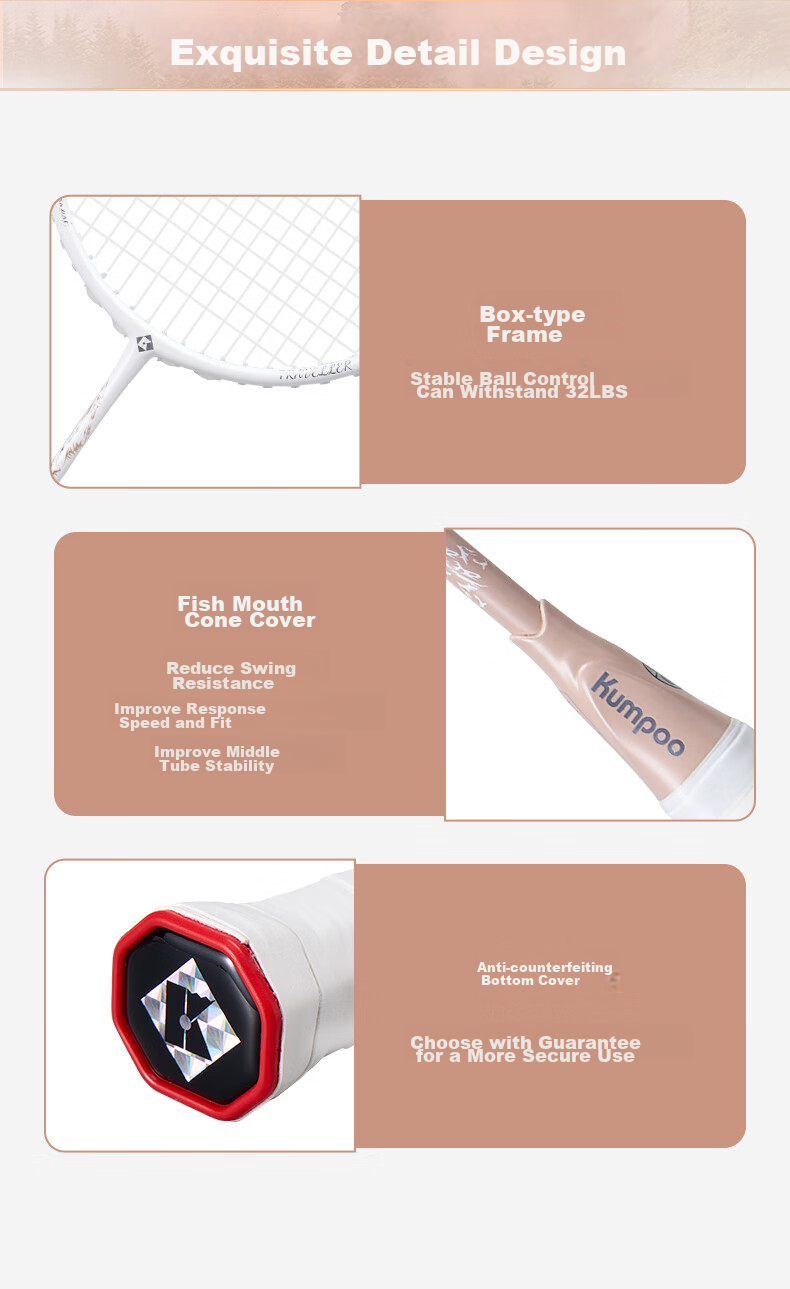 KUMPOO Badminton Racket, Full Carbon Ultra-Light Durable All-Round Model, Xunfeng Deep Forest Autumn Brown Light Pink String 13