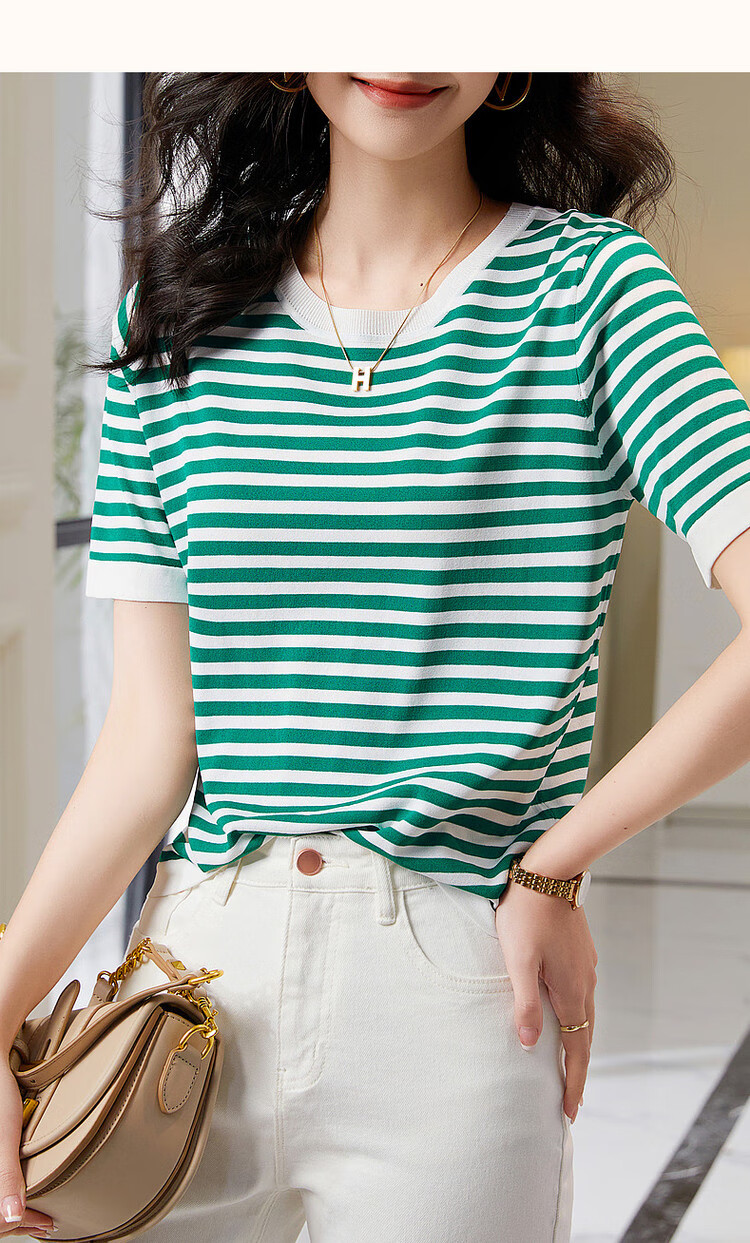 Dme [Hyperbolic Ice Linen Sweater] Summer Round Neck Short Sleeve Striped Knit Top for Wome 9