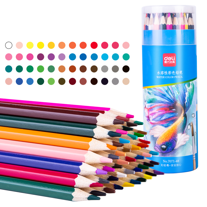 Deli [Back to School Stationery] 48-Color Water-Soluble Colored Pencils, Natural Wood Hexagonal Barrel, Coloring And Filling Pens, Drawing Tools for Children's Art Set, Birthday Colorful Pencils for School Supplies