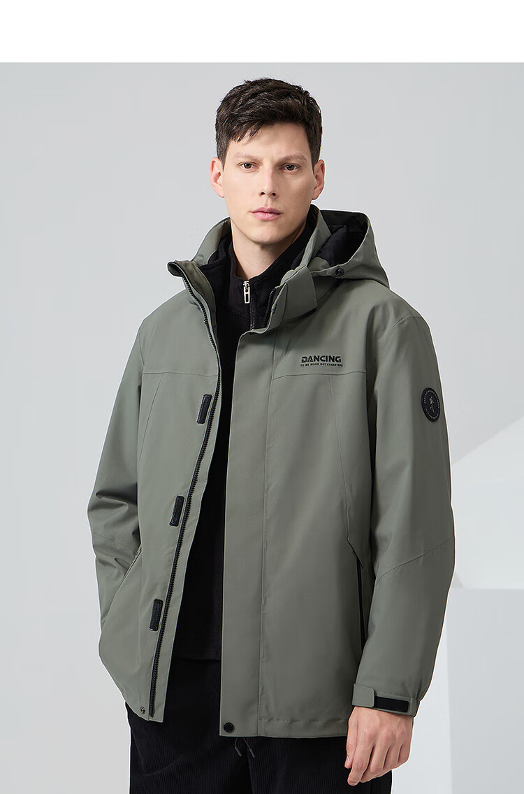 DANCING WOLVES [3-In] Detachable Inner Lining Outdoor Hiking Fleece Inner Lining Men's Windbreaker, 210 Olive Green, Size 170 13