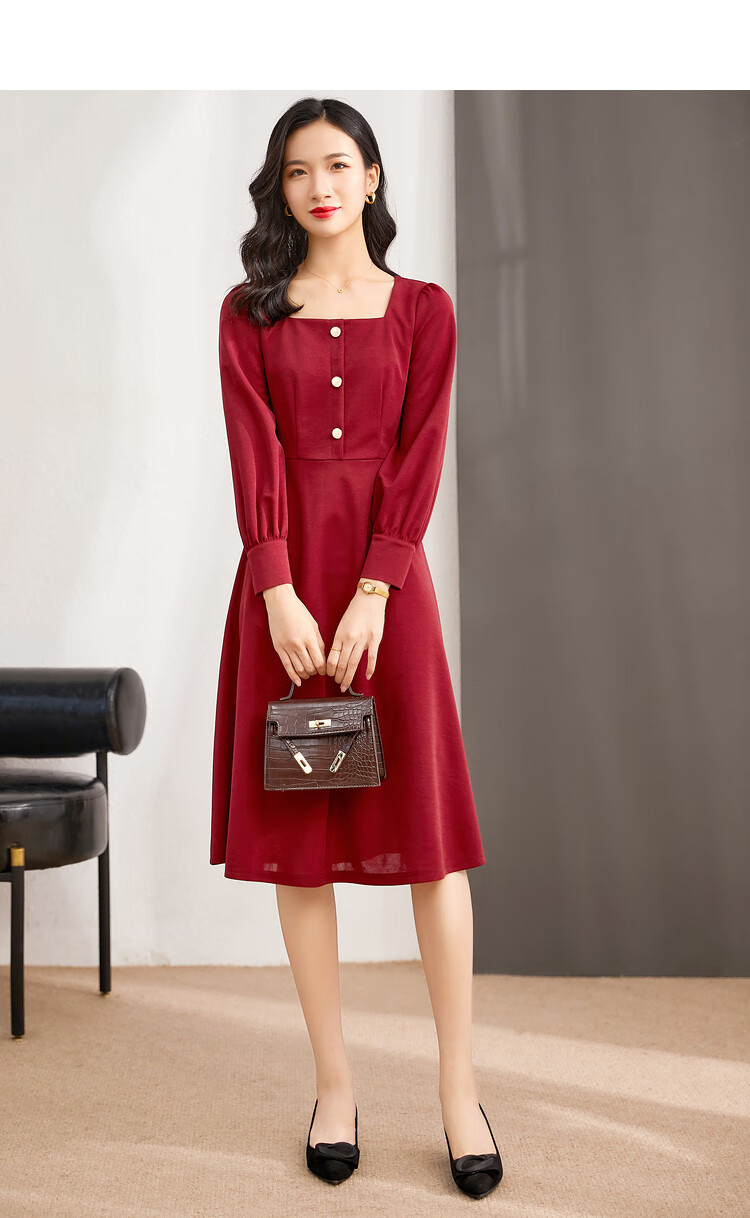 Shangdu Bila New Year Red French Style Dress for Women Spring Autumn Mid-Length Elegant Goddess Waist-Slimming Petite Dress 14