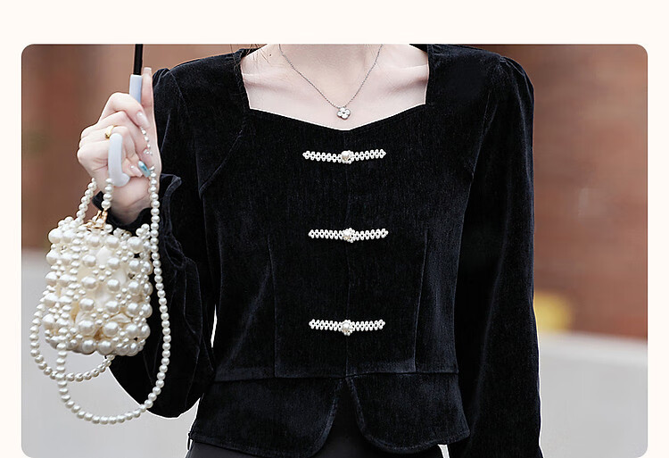Dme [Xuoxing Wan Yue] Spring And Autumn Style New Chinese-Style Square Collar Shirt with Pearl Buttons, Velvet Blouse Women's Top 4