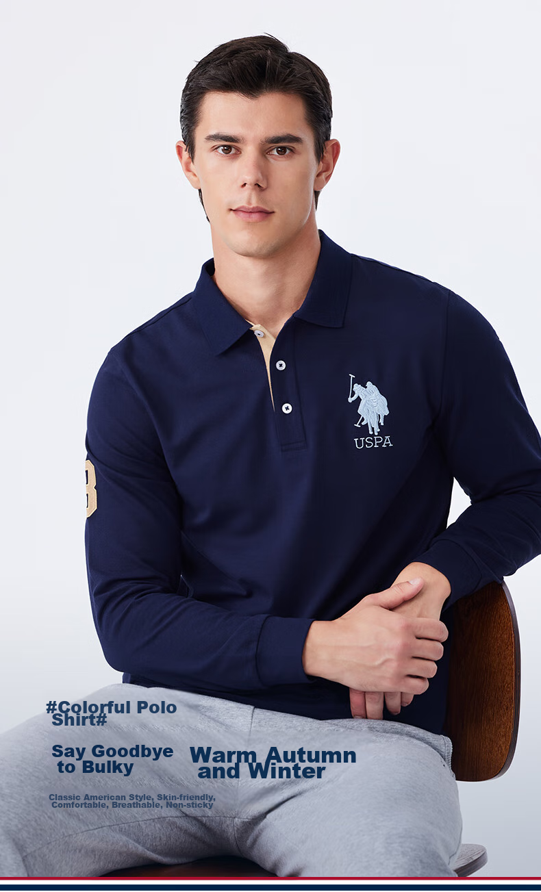 U.S. POLO ASSN. Men's Polo Shirt with Collar, Autumn Business Casual Long-Sleeve T-Shirt, American-Style Loose Top for Men, Navy Blue, Size L 2