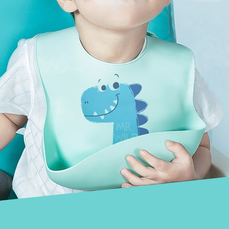 DOCTOR MA Baby Bib Silicone Bib Infant Feeding Bib Children's Waterproof Cover-Up Blue Dinosaur
