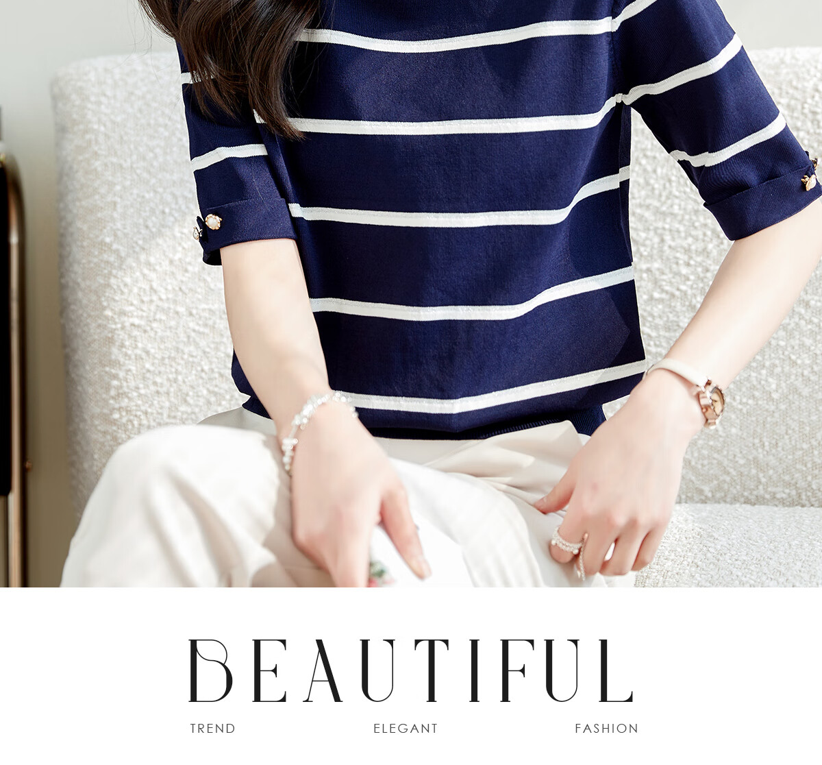 Taxiang Knitted T-Shirt for Women, Striped Contrasting Color Thin Top, Casual Versatile Women's Short-Sleeve T-Shirt T141Z3852 9