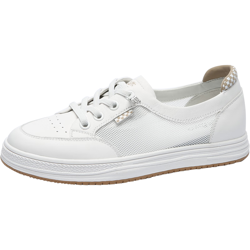 Goldlion Women's Shoes, Spring And Summer Simple White Sneakers, Breathable Mesh Upper, Slip-On Flat Casual Shoes for Women, 668220190, White Apricot Color, Size 38