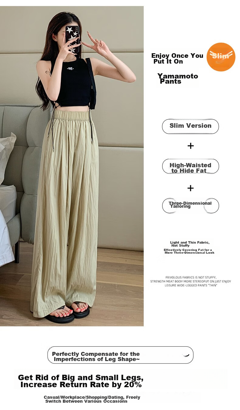 LangSha Ice Silk Wide-Leg Pants for Women, Summer High-Waist Draping Straight Cotton Linen Casual Pants, Japanese-Style Yamamoto Pants, Women's Lazy Style 11