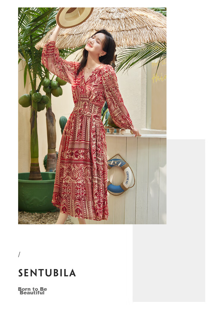 Sentubila Spring And Autumn Mid-Length Floral Print Red Dress, Elegant Goddess Style Slimming Vacation Dress, Red Floral Pattern, Size S 14