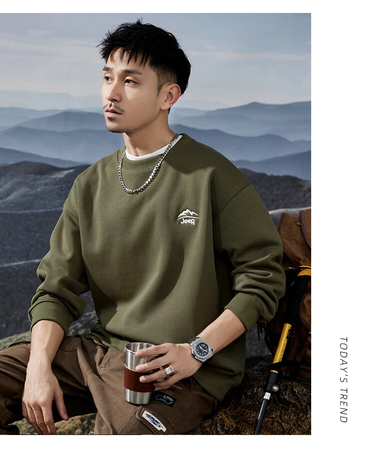 JEEP Spring And Autumn Round Neck Sweatshirt for Men, Loose Casual Sports High-End T-Shirt Top Outerwear 24
