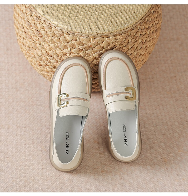 ZHR Women's Loafers, Spring And Autumn Genuine Leather, Two-Way Wear, Flat Single Shoes, Comfortable Commuter Women's Shoes, BT36, Beige, Size 40 23