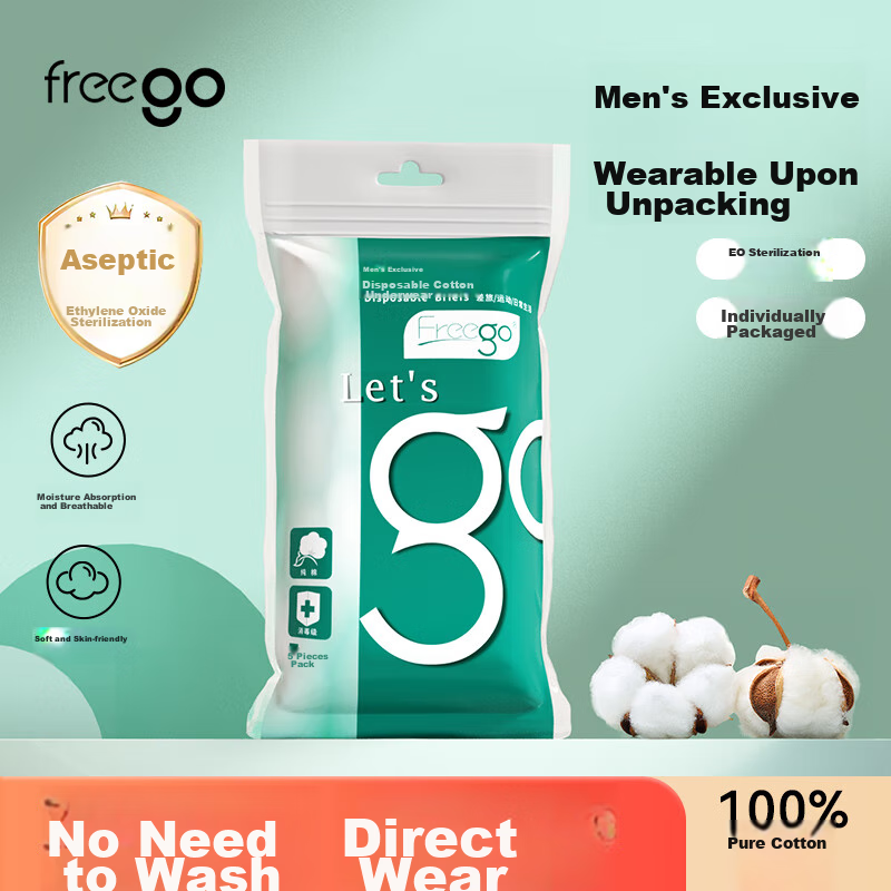 Freego Pure Cotton Disposable Underwear for Men, Sterile, All-Cotton, No-Wash, 5 Individually Packed, Travel Business Trip Vacation, Gray, 2XL