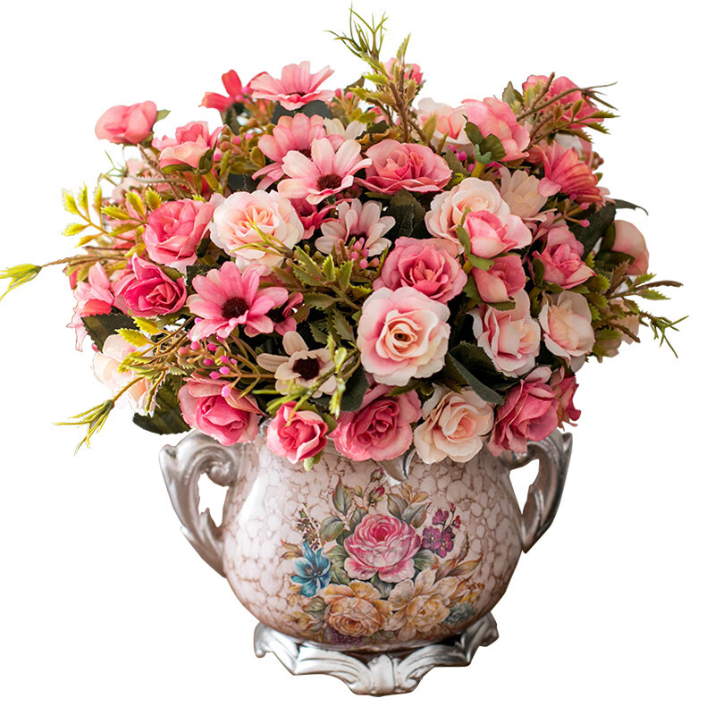 SUGER LOVE Nordic Style Artificial Flower Arrangement Set with Plastic Flowers and Ceramic Vase Pink for Living Room Dining Table Decoration