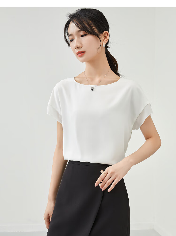 Sentubila Spliced Short-Sleeve Chiffon Blouse for Women, Slimming Tummy-Covering Top, Summer Lightweight Casual T-Shirt, Light Blue, S 23