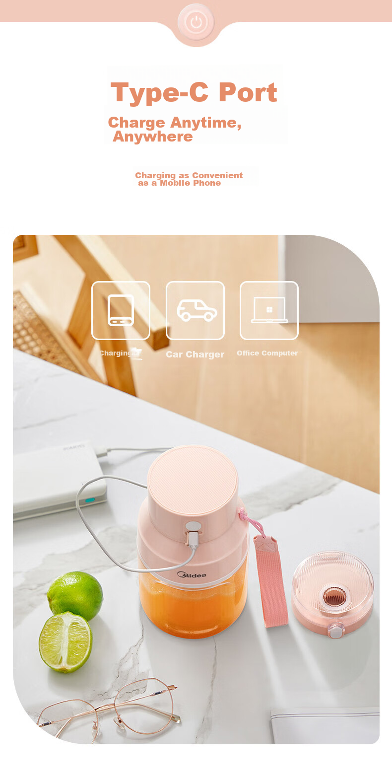 Midea Juicer Cup, Portable Home Juicing Machine, Orange Juice Maker, Food Processor, Blender Cup, Wireless Charging Juice Maker, Outdoor Portable Juice Cup MJ-LZ106 13