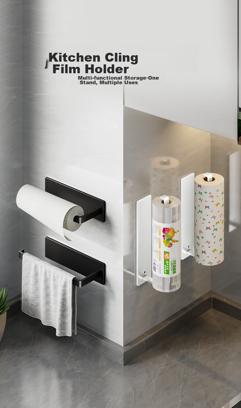 Huxiansen Kitchen Paper Towel Holder, No Drilling Required, Cabinet Roll Paper Rack, Storage Shelf, Kitchen Paper Towels, Plastic Wrap, Cloth Storage Organizer, Hanging Rack 1