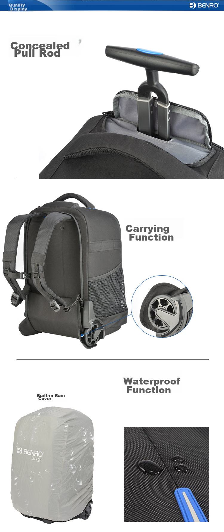 Benro Hiking Backpack 2000 Photography Trolley Bag with Wheels, Professional Outdoor Lightweight Large Capacity DSLR Camera Bag with Rain Cover 6