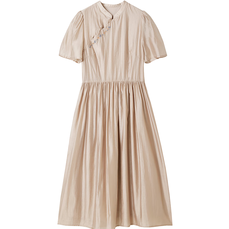 Dme [Elegant A-Line Embroidered Dress] Summer Commuter Stand-Collar Button-Up Midi Dress for Wome