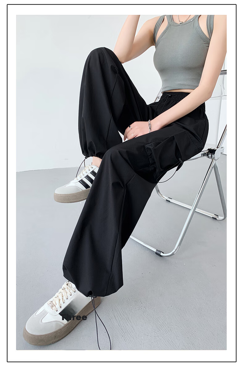 LangSha American-Style Parachute Cargo Pants for Women, Summer Ice Silk High-Waist Wide-Leg Loose Casual Quick-Dry Outdoor Sports Pants 42