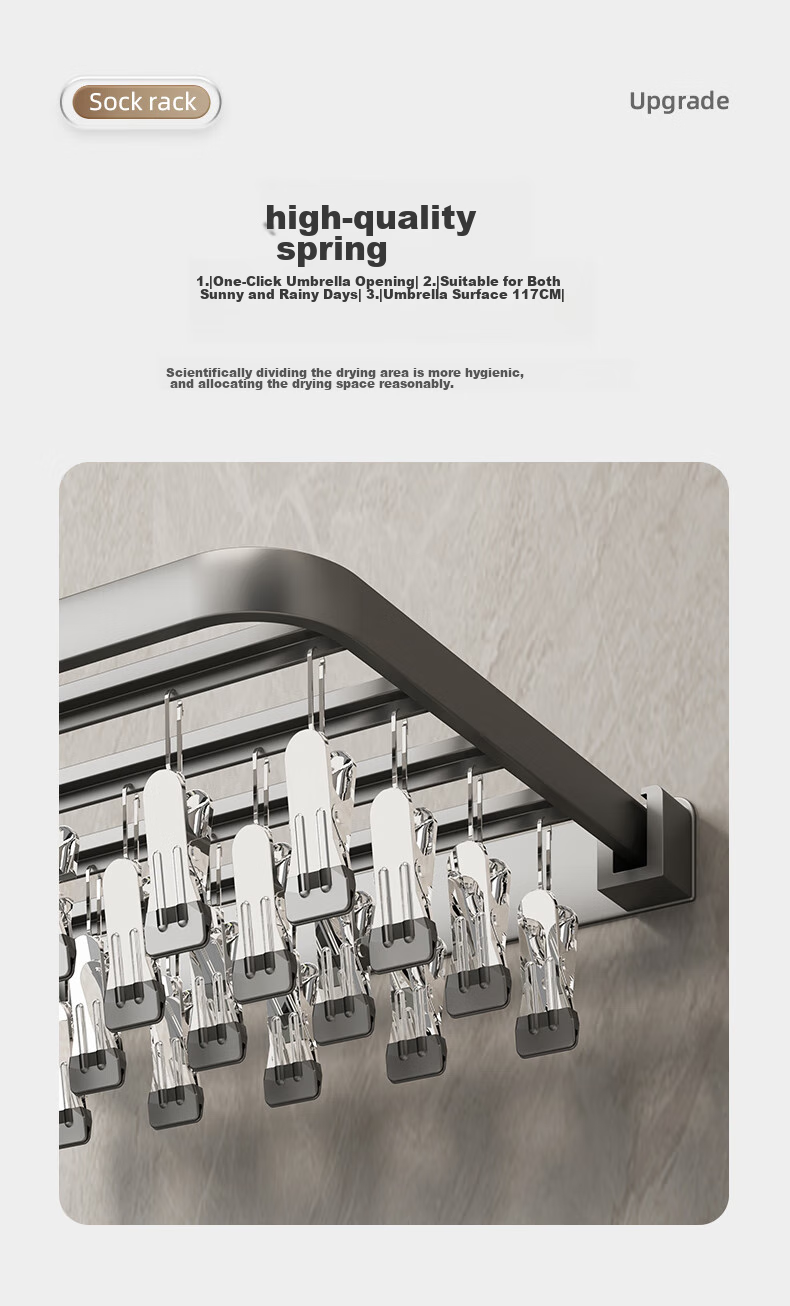 MUYA No-Drill Sock Hanger, Foldable Wall-Mounted Clothes Rack, Windproof Multi-Head 24 Clips, Space Aluminum Alloy with Oxidation Treatment 5
