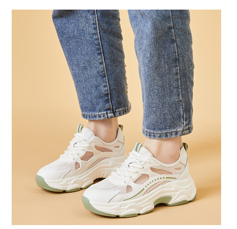 DAPHNE Women's Versatile Sports Casual Shoes, Breathable Mesh Upper, Lightweight Comfortable Thick-Soled Dad Shoes, White Silver, Size 34 8