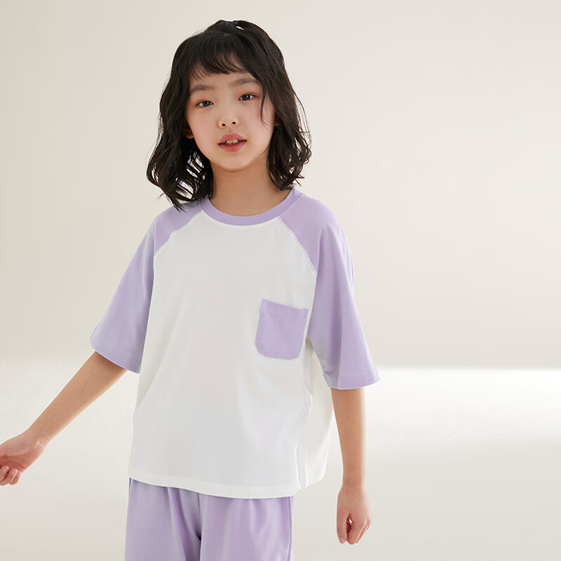 Hodo Children's Pajamas, Thin Cotton Summer Sleepwear, Boys And Girls Home Wear, Short-Sleeve T-Shirt, Cool And Sweat-Wicking Set, 3256 Grass Purple, Size 130