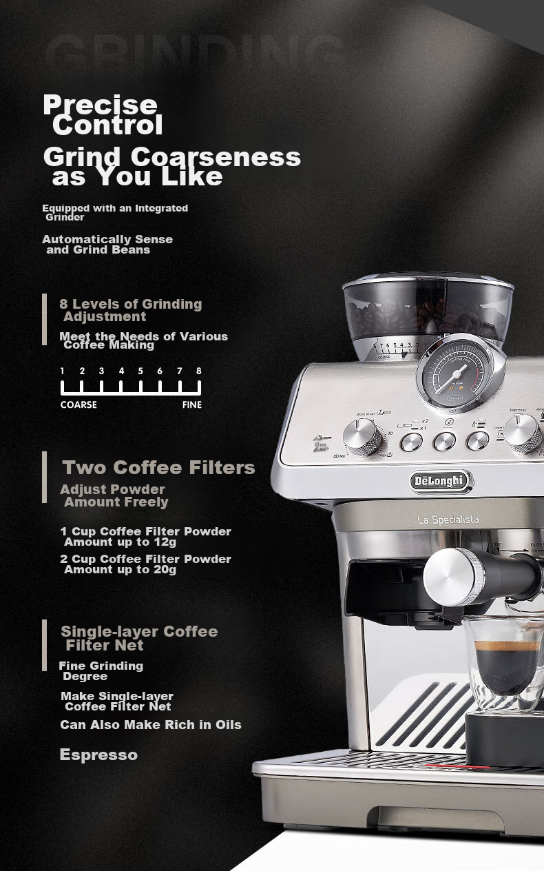 Delonghi [Upgraded Version] Home Semi-Automatic Coffee Machine Cold Brew Edition Silver Knight Grinder All-In Machine with Visible Pressure Manual Milk Frother EC9255.BK Black 11
